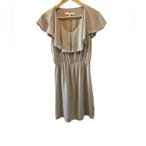 FOREVER 21 Tan Ruffle Collar V Neck Cinched Waist Short Sleeve Mid Length Dress